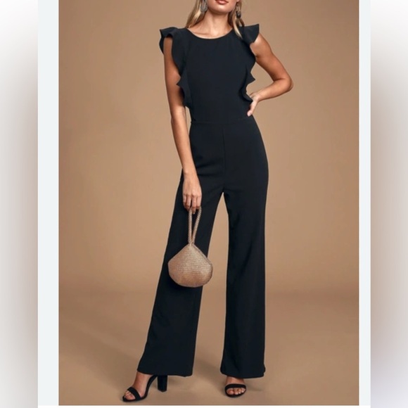 Lulus Pants - Lulu's Feel Your Love Black Ruffled Wide-Leg Jumpsuit L